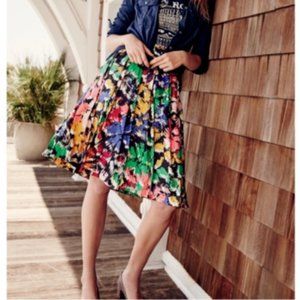 J. Crew | Double-Pleated Floral Brushstroke Print Silk Midi A-Line Skirt